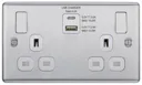 GoodHome Brushed Steel Double 13A Switched Socket with USB x2 & White inserts