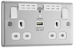 GoodHome Brushed Steel 13A Raised rounded Switched Double WiFi extender socket with USB