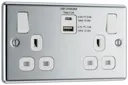 GoodHome Chrome Double 13A Switched Socket with USB x2 & White inserts