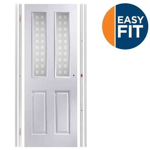 Easy fit 4 panel Patterned Frosted Glazed Pre-painted White Adjustable Internal Door & frame set, (H)1988mm-1996mm (W)759mm-771mm
