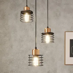 Edison hanging lamp in black/copper, 3-bulb round