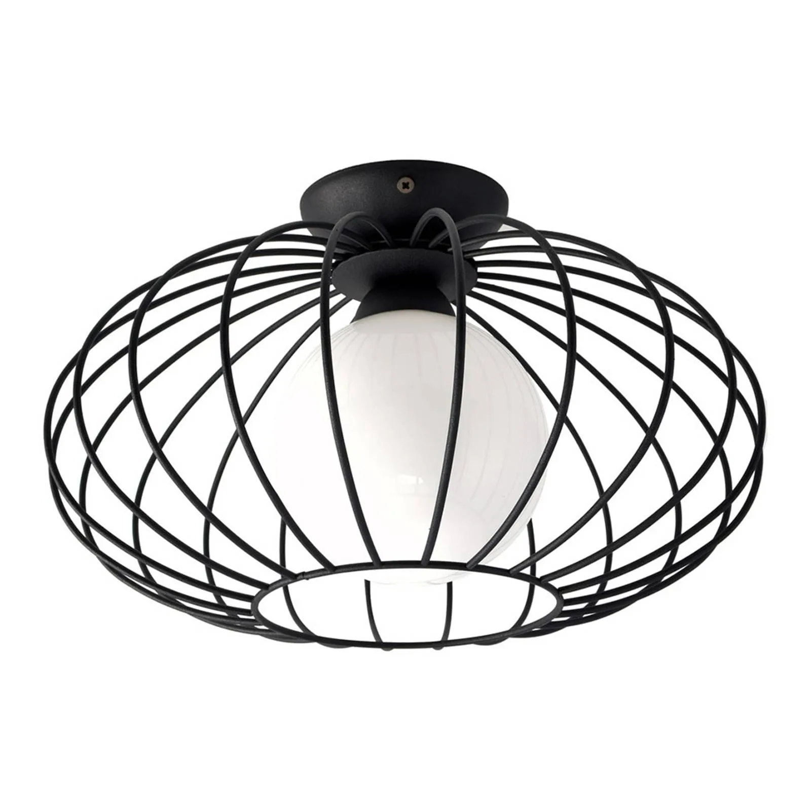 Kronos ceiling lamp, black cage, one opal balls