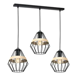 Cliff hanging light, 3 cage lampshades wooden band