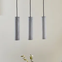 Tube hanging light made of concrete, three-bulb