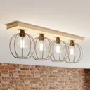 Dorett ceiling light, oak wood, 4-bulb