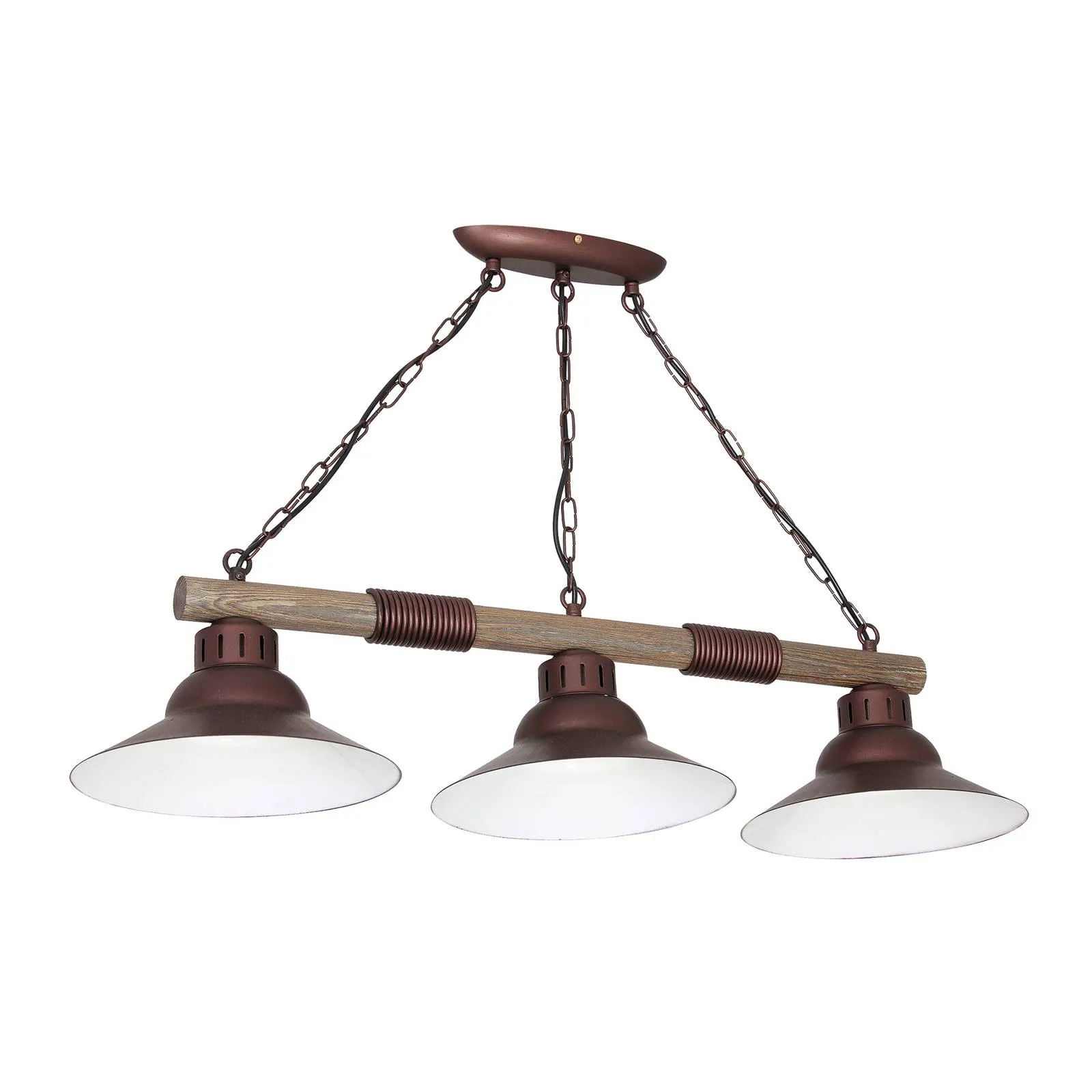 West hanging light, copper lampshades, three-bulb